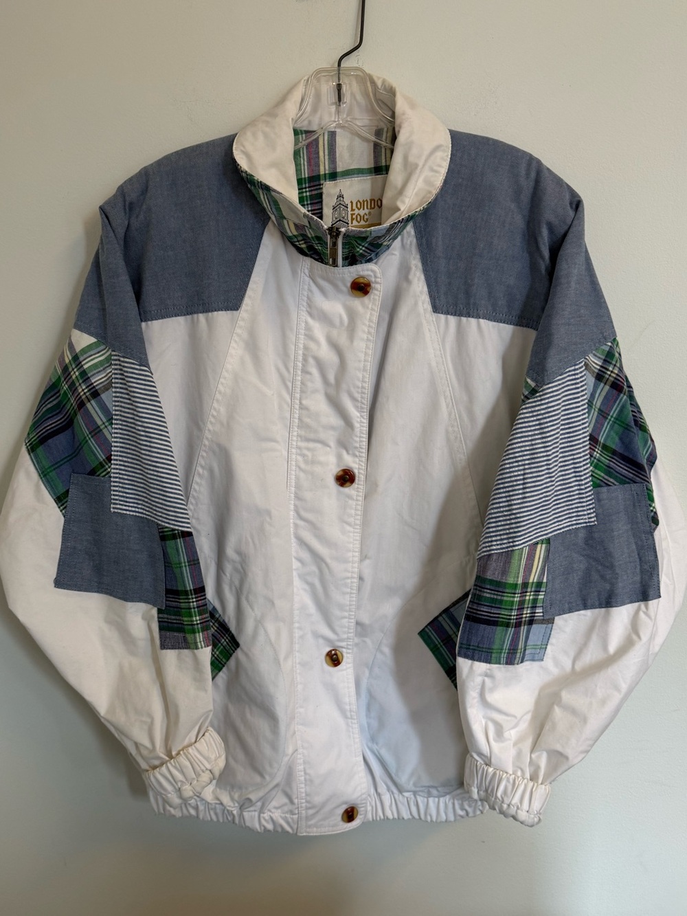 Vintage London Fog White and Blue Plaid Panel Windbreaker Jacket